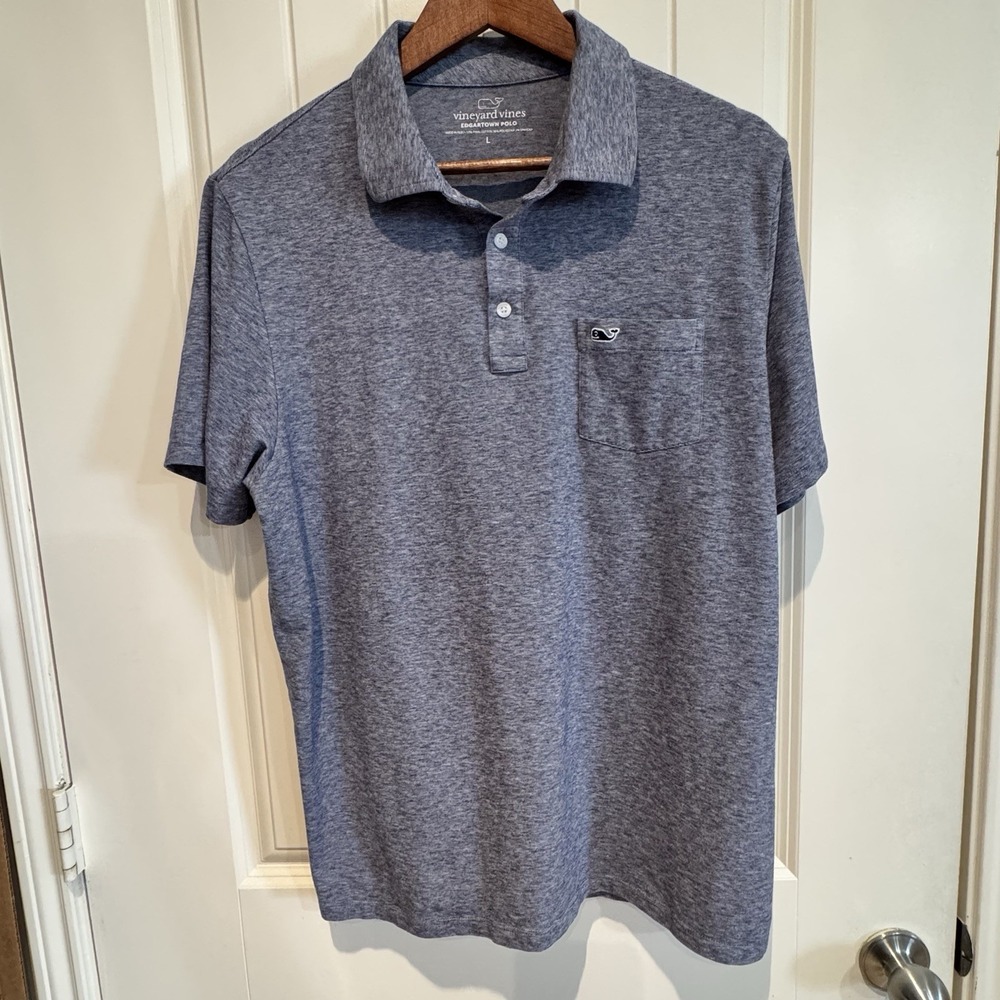 Vineyard Vines Edgartown Polo Shirt‎ L Gray Pima Cotton Pocket Whale Logo